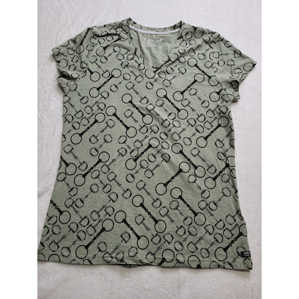 NWT Ariat T-Shirt Women Large Green Horse Bit Print V-Neck Short Sleeve Top